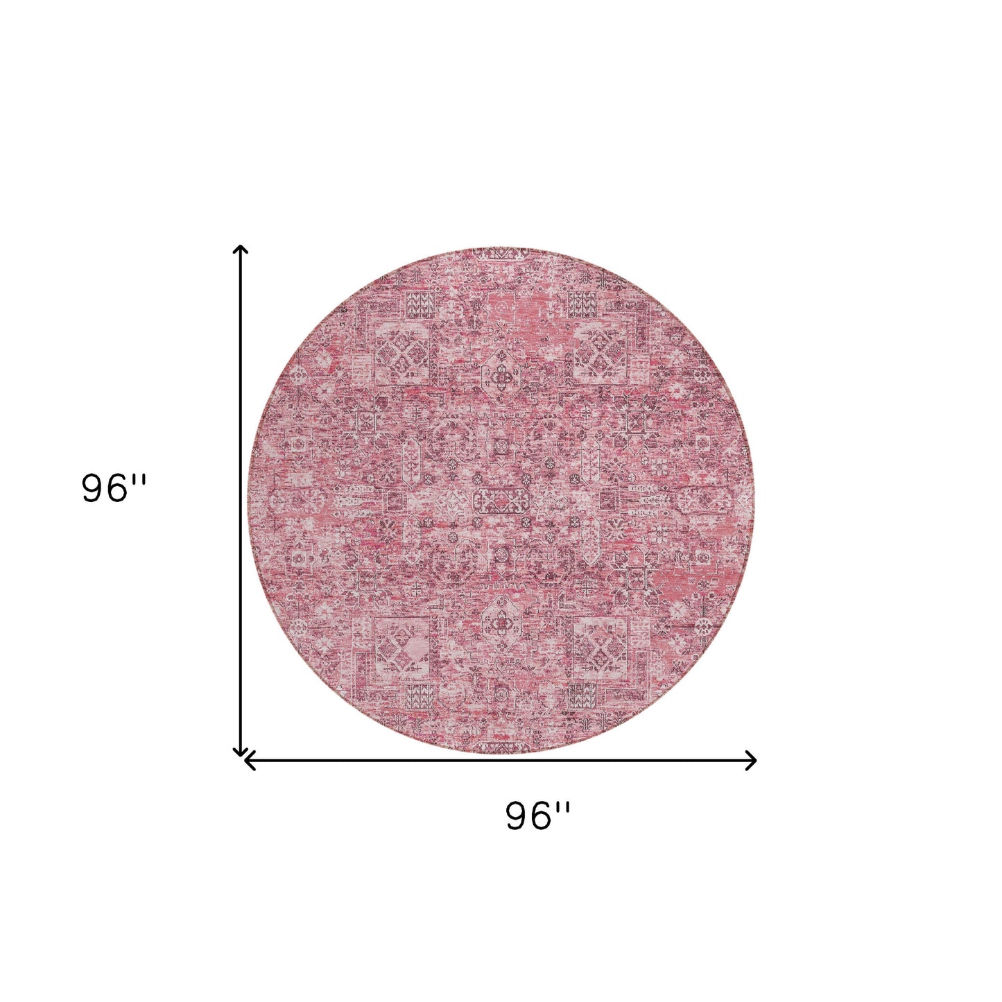 8' Pink Blush And Charcoal Round Floral Washable Indoor Outdoor Area Rug