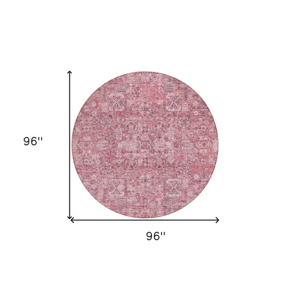 8' Pink Blush And Charcoal Round Floral Washable Indoor Outdoor Area Rug