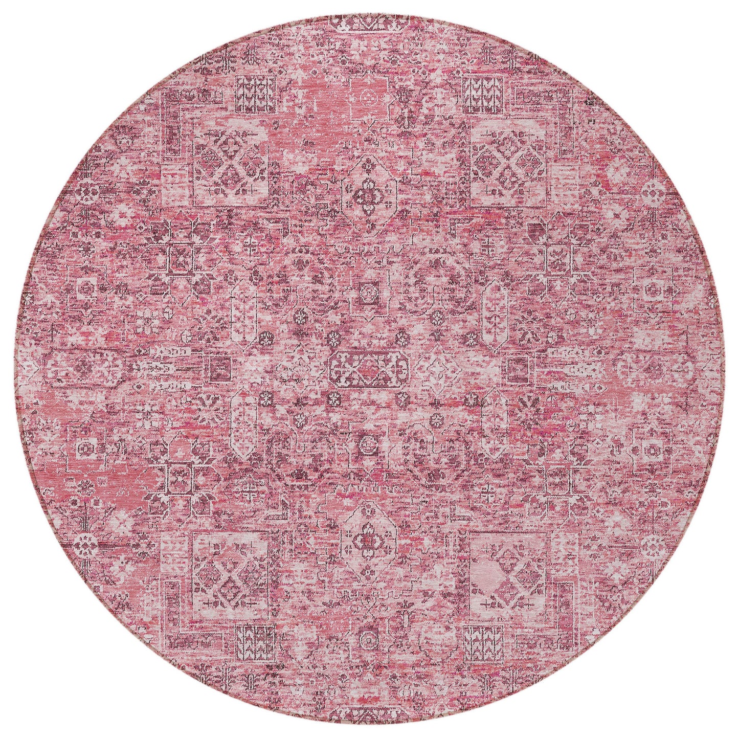 8' Pink Blush And Charcoal Round Floral Washable Indoor Outdoor Area Rug