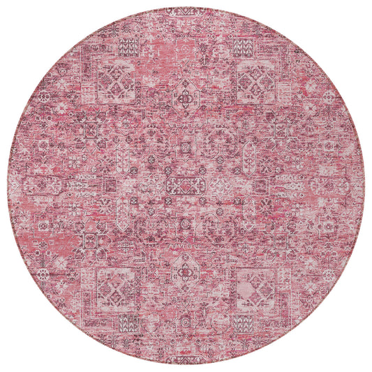 8' Pink Blush And Charcoal Round Floral Washable Indoor Outdoor Area Rug