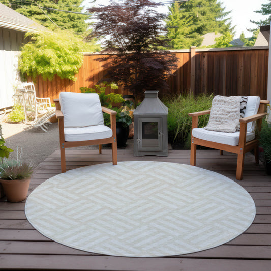 8' Ivory And Beige Round Geometric Washable Indoor Outdoor Area Rug
