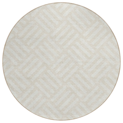 8' Ivory And Beige Round Geometric Washable Indoor Outdoor Area Rug