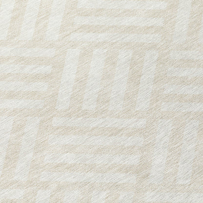 8' Ivory And Beige Round Geometric Washable Indoor Outdoor Area Rug