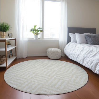 8' Ivory And Beige Round Geometric Washable Indoor Outdoor Area Rug