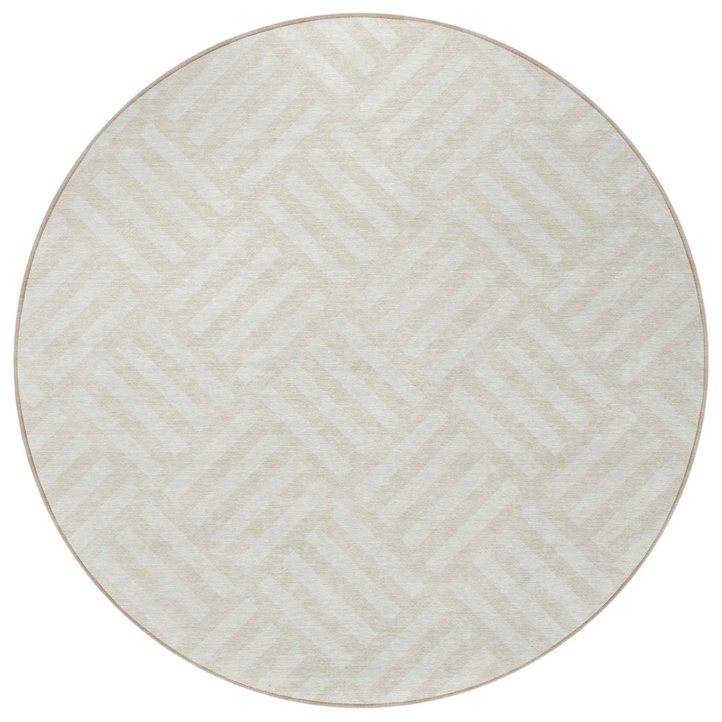 8' Ivory And Beige Round Geometric Washable Indoor Outdoor Area Rug