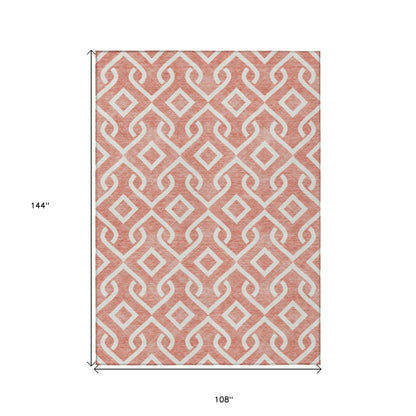 9' X 12' Salmon And Ivory Geometric Washable Indoor Outdoor Area Rug