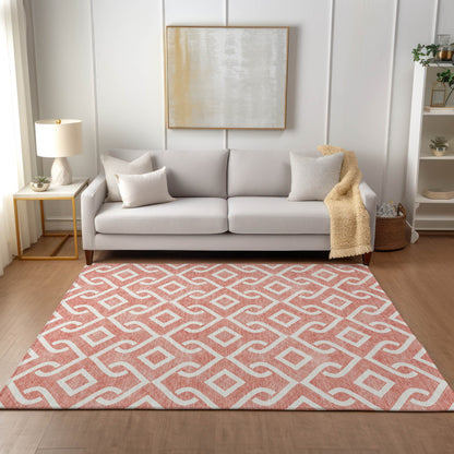 9' X 12' Salmon And Ivory Geometric Washable Indoor Outdoor Area Rug
