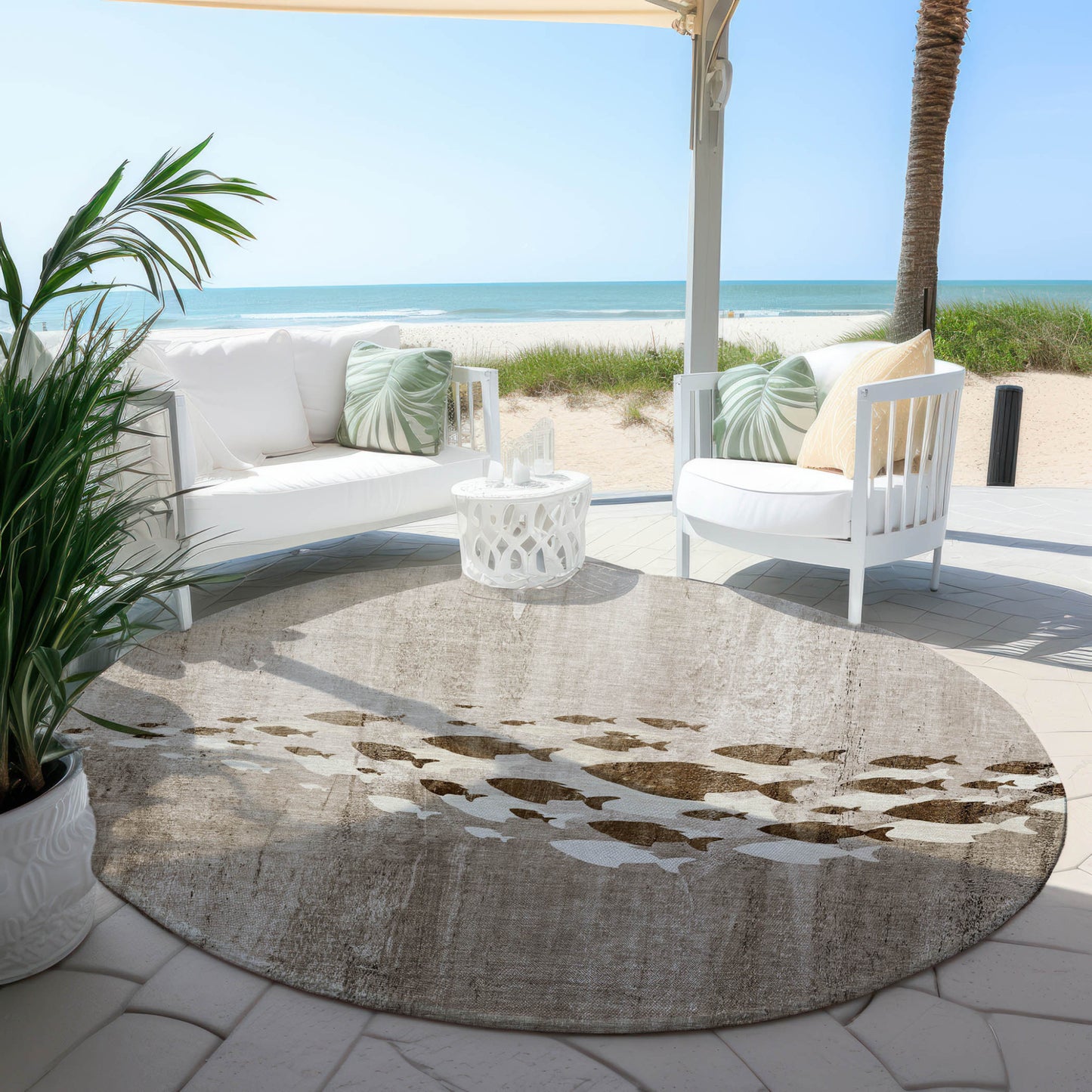 8' Taupe Brown And Khaki Round Nautical Washable Indoor Outdoor Area Rug