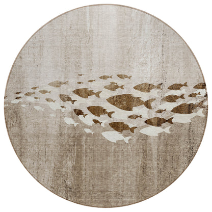 8' Taupe Brown And Khaki Round Nautical Washable Indoor Outdoor Area Rug