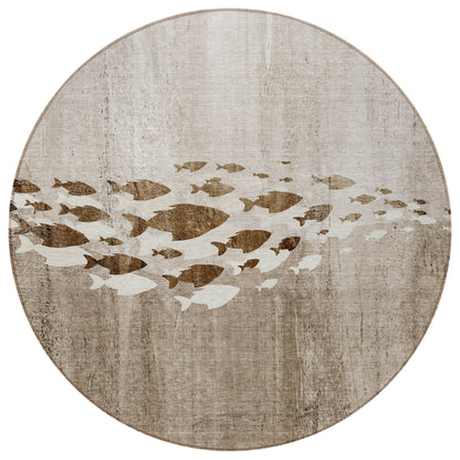 8' Taupe Brown And Khaki Round Nautical Washable Indoor Outdoor Area Rug