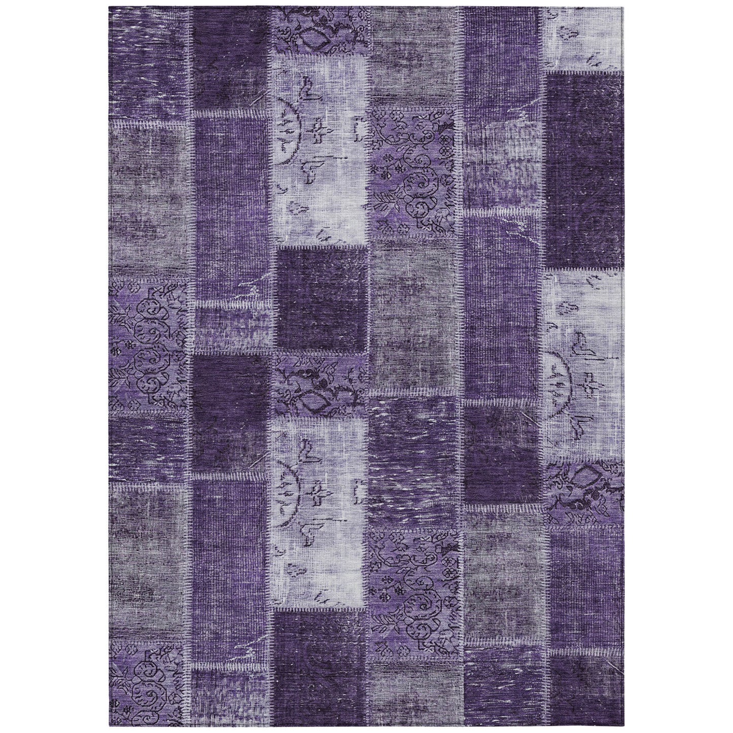 9' X 12' Purple Eggplant And Lavender Patchwork Washable Indoor Outdoor Area Rug