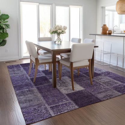 9' X 12' Purple Eggplant And Lavender Patchwork Washable Indoor Outdoor Area Rug