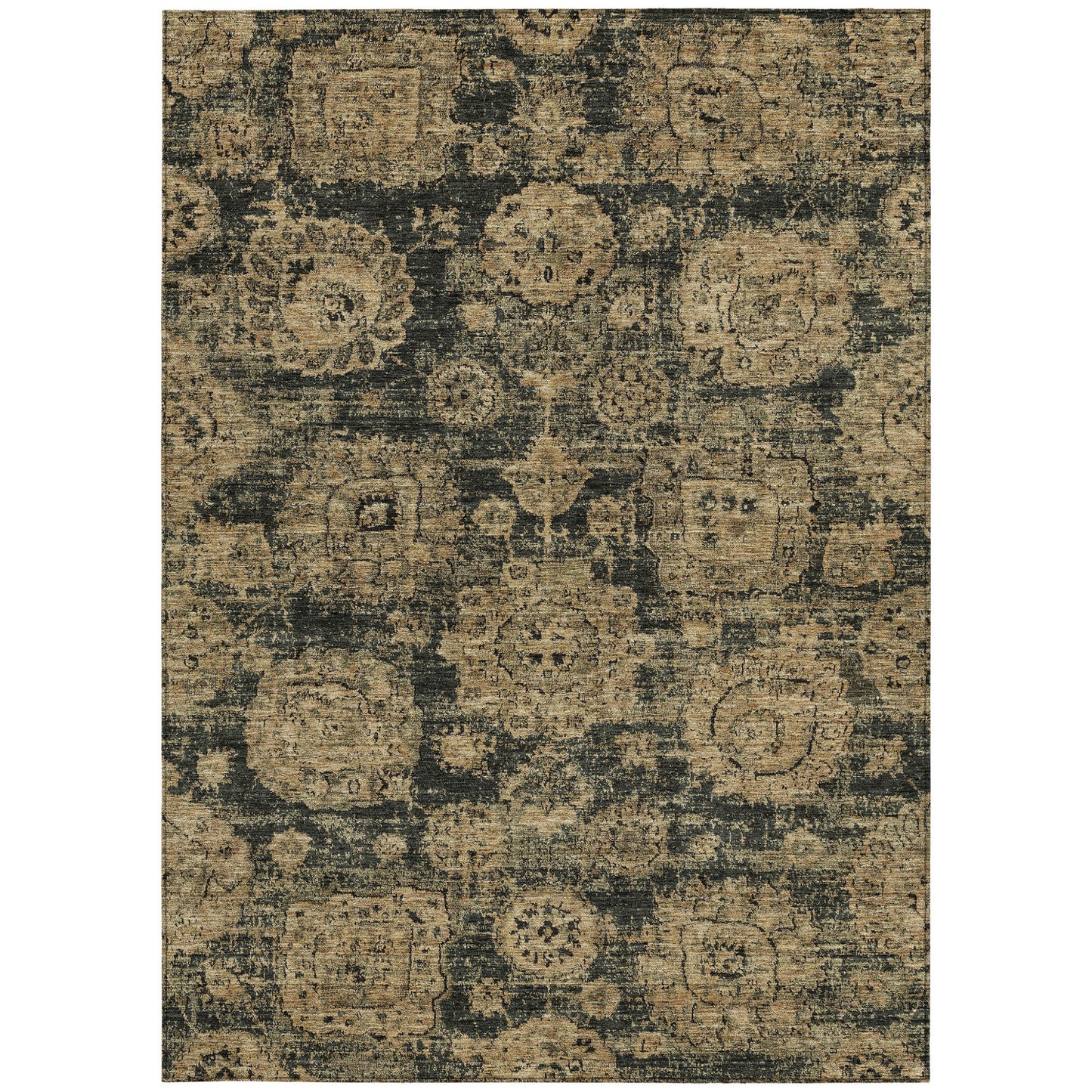 9' X 12' Charcoal Gold And Tan Floral Washable Indoor Outdoor Area Rug