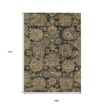 9' X 12' Charcoal Gold And Tan Floral Washable Indoor Outdoor Area Rug