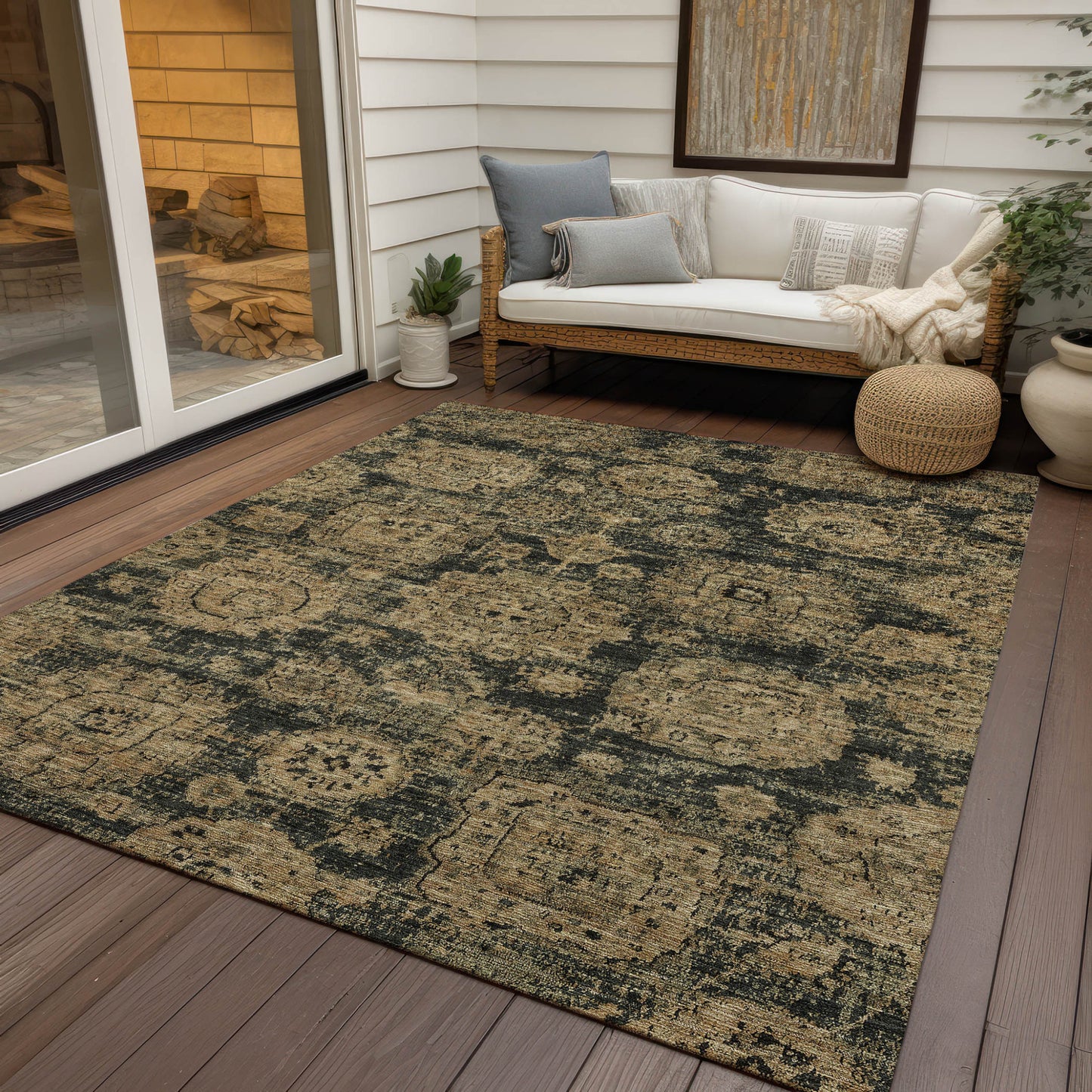 9' X 12' Charcoal Gold And Tan Floral Washable Indoor Outdoor Area Rug