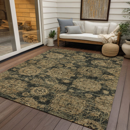 9' X 12' Charcoal Gold And Tan Floral Washable Indoor Outdoor Area Rug