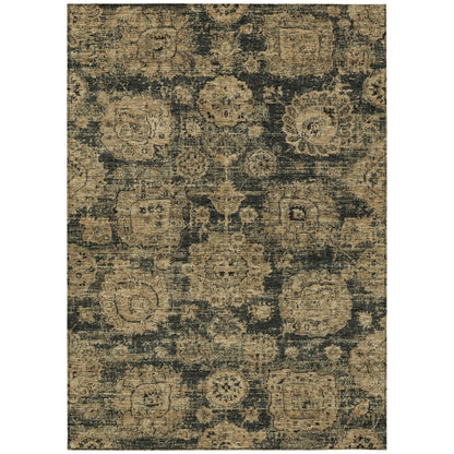 9' X 12' Charcoal Gold And Tan Floral Washable Indoor Outdoor Area Rug