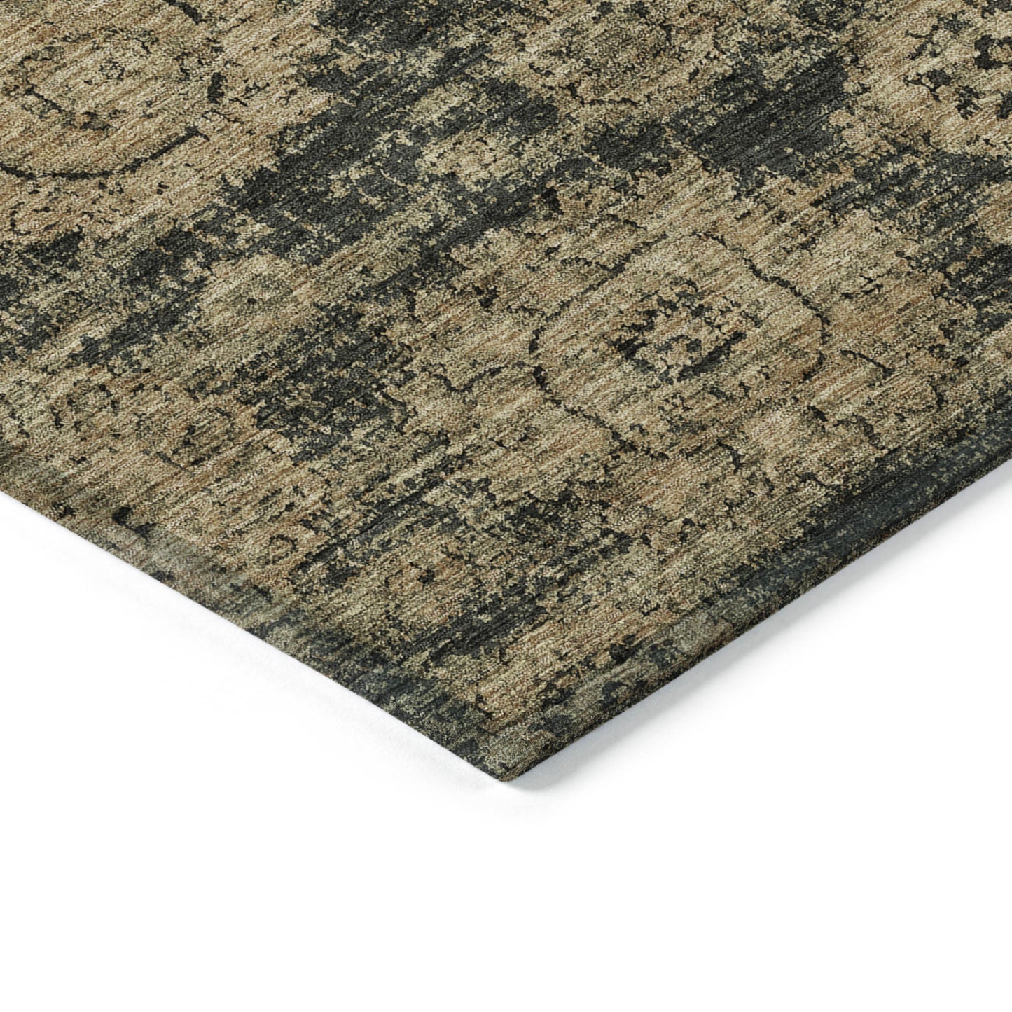 9' X 12' Charcoal Gold And Tan Floral Washable Indoor Outdoor Area Rug