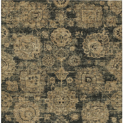 9' X 12' Charcoal Gold And Tan Floral Washable Indoor Outdoor Area Rug