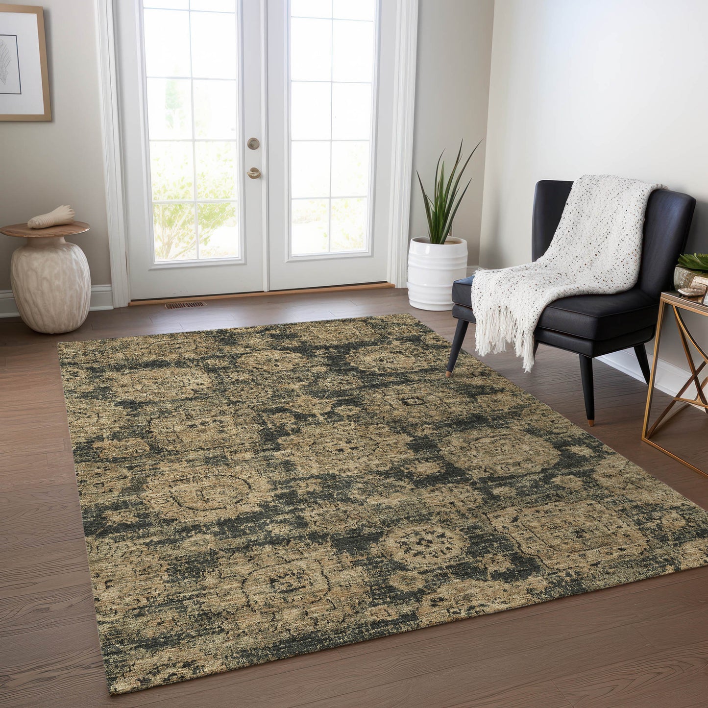 9' X 12' Charcoal Gold And Tan Floral Washable Indoor Outdoor Area Rug