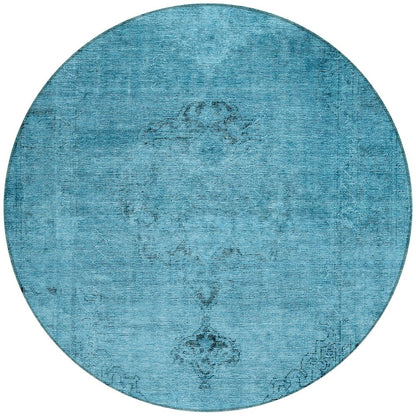 8' Denim Blue And Navy Blue Round Oriental Washable Indoor Outdoor Area Rug