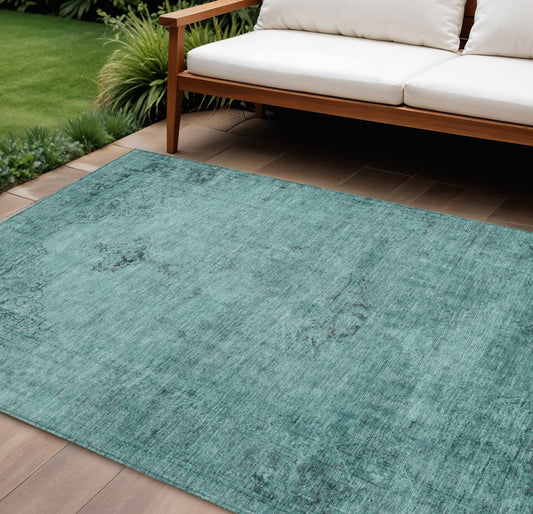 10' X 14' Teal Blue Turquoise And Charcoal Oriental Washable Indoor Outdoor Area Rug