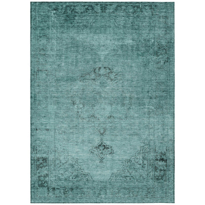 10' X 14' Teal Blue Turquoise And Charcoal Oriental Washable Indoor Outdoor Area Rug