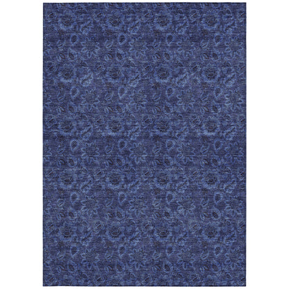 9' X 12' Navy Blue And Charcoal Floral Washable Indoor Outdoor Area Rug