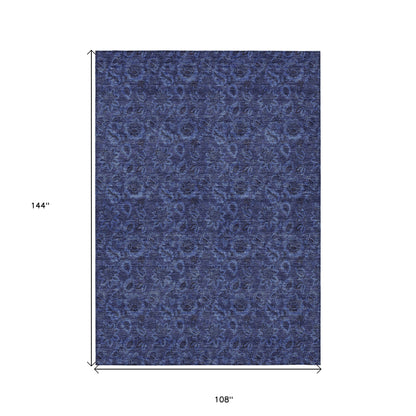 9' X 12' Navy Blue And Charcoal Floral Washable Indoor Outdoor Area Rug