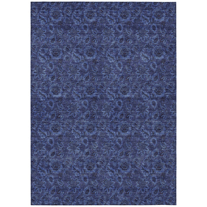 9' X 12' Navy Blue And Charcoal Floral Washable Indoor Outdoor Area Rug