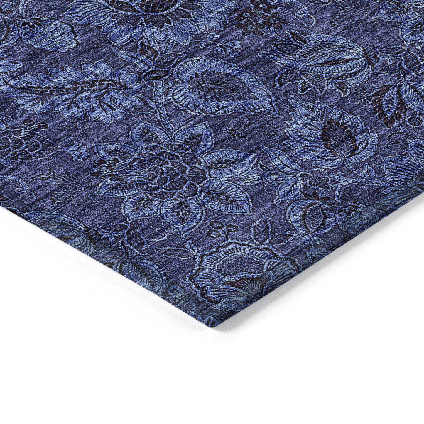 9' X 12' Navy Blue And Charcoal Floral Washable Indoor Outdoor Area Rug