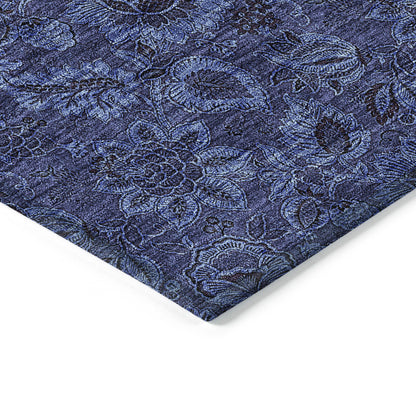 9' X 12' Navy Blue And Charcoal Floral Washable Indoor Outdoor Area Rug