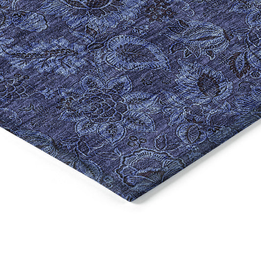 9' X 12' Navy Blue And Charcoal Floral Washable Indoor Outdoor Area Rug