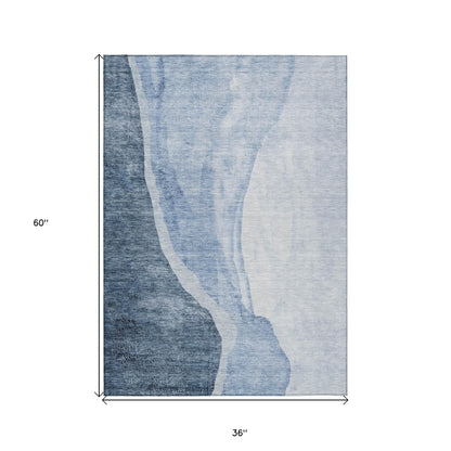 3' X 5' Navy Blue And Sky Blue Abstract Washable Indoor Outdoor Area Rug