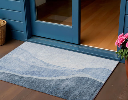 3' X 5' Navy Blue And Sky Blue Abstract Washable Indoor Outdoor Area Rug