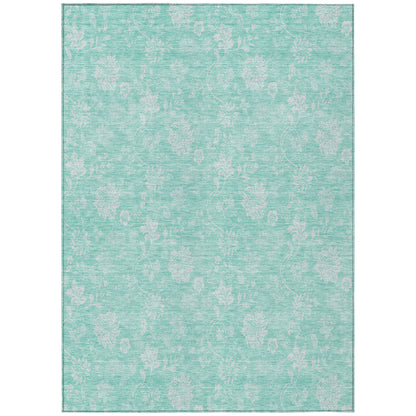 5' X 8' Aqua And Ivory Floral Washable Indoor Outdoor Area Rug
