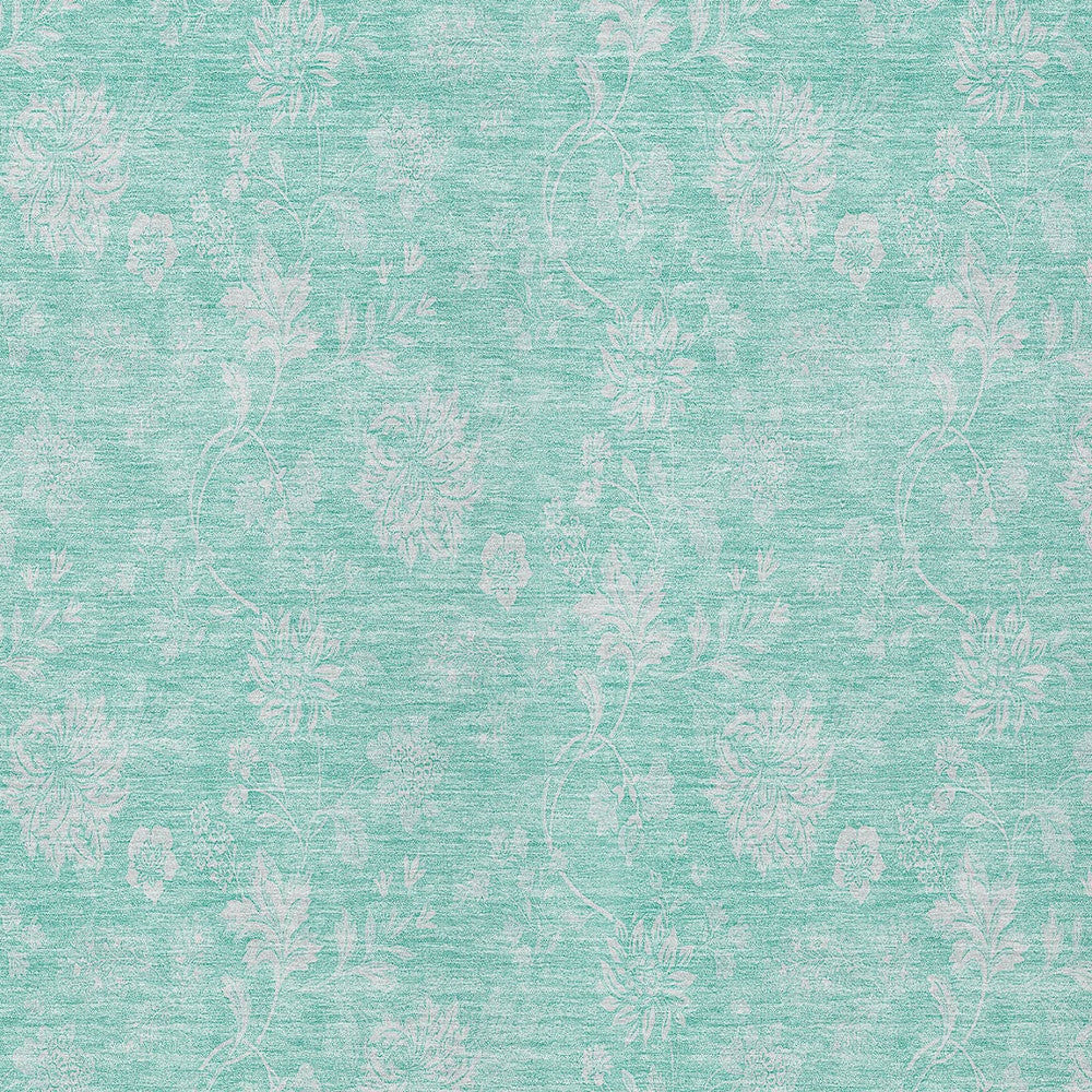 5' X 8' Aqua And Ivory Floral Washable Indoor Outdoor Area Rug