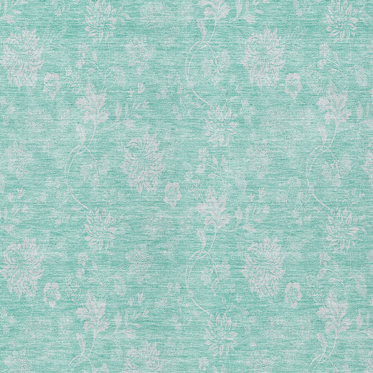 5' X 8' Aqua And Ivory Floral Washable Indoor Outdoor Area Rug