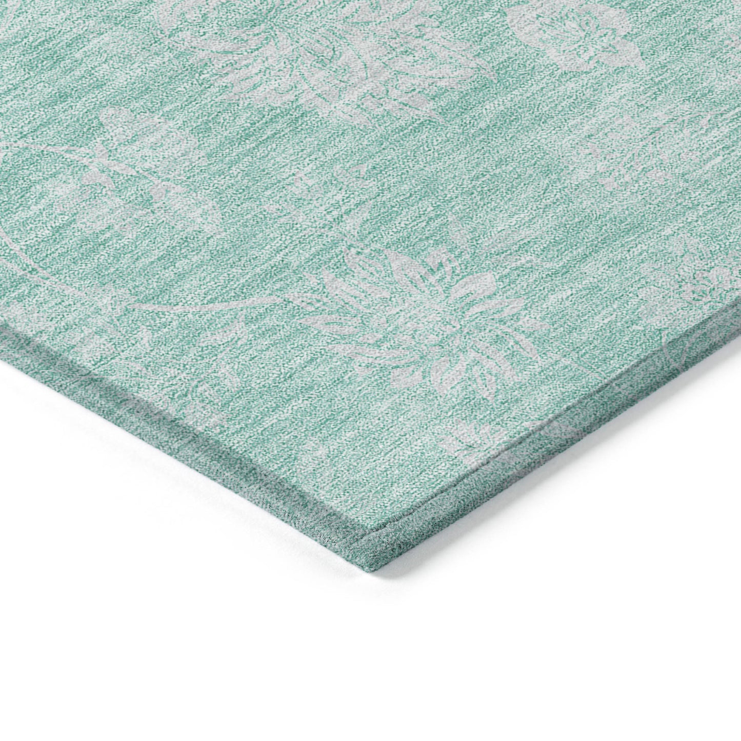 5' X 8' Aqua And Ivory Floral Washable Indoor Outdoor Area Rug
