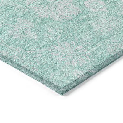 5' X 8' Aqua And Ivory Floral Washable Indoor Outdoor Area Rug