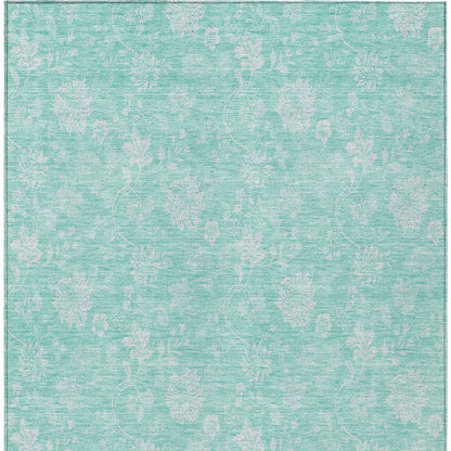 5' X 8' Aqua And Ivory Floral Washable Indoor Outdoor Area Rug