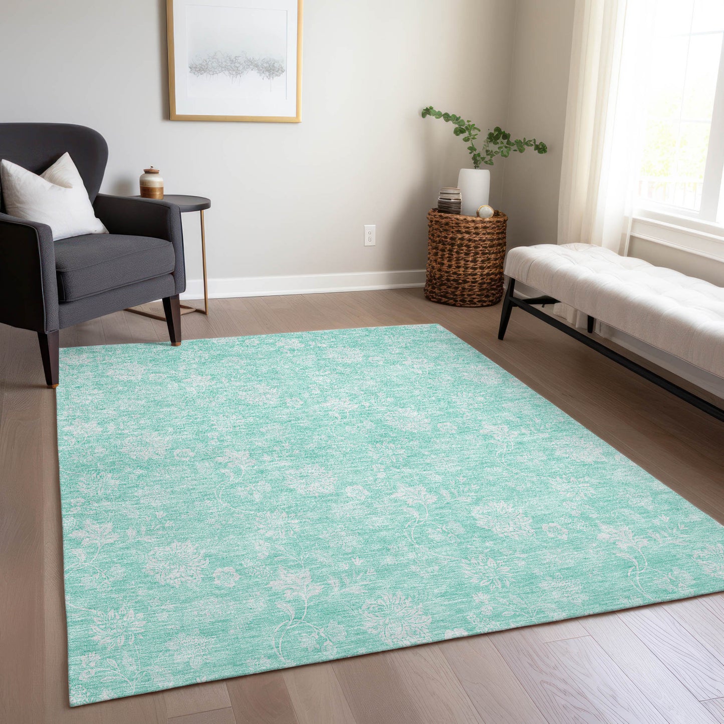 5' X 8' Aqua And Ivory Floral Washable Indoor Outdoor Area Rug