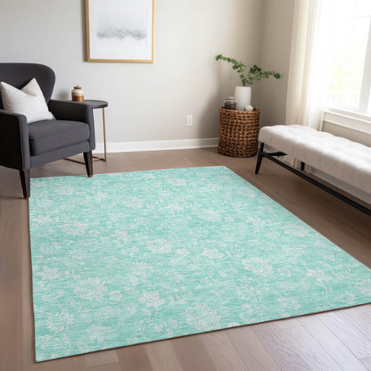5' X 8' Aqua And Ivory Floral Washable Indoor Outdoor Area Rug