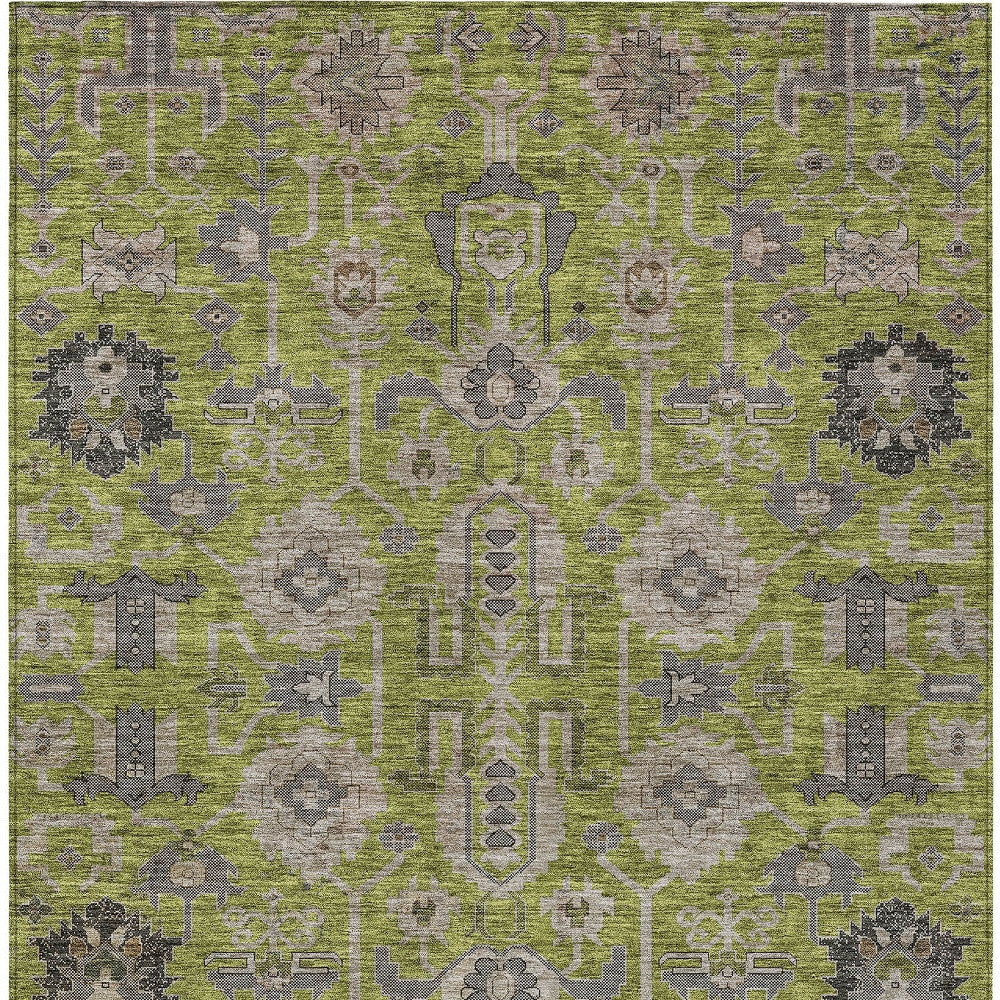 10' X 14' Olive Green Gray And Charcoal Oriental Washable Indoor Outdoor Area Rug