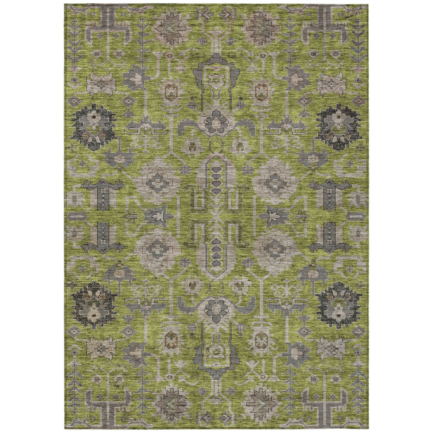 10' X 14' Olive Green Gray And Charcoal Oriental Washable Indoor Outdoor Area Rug