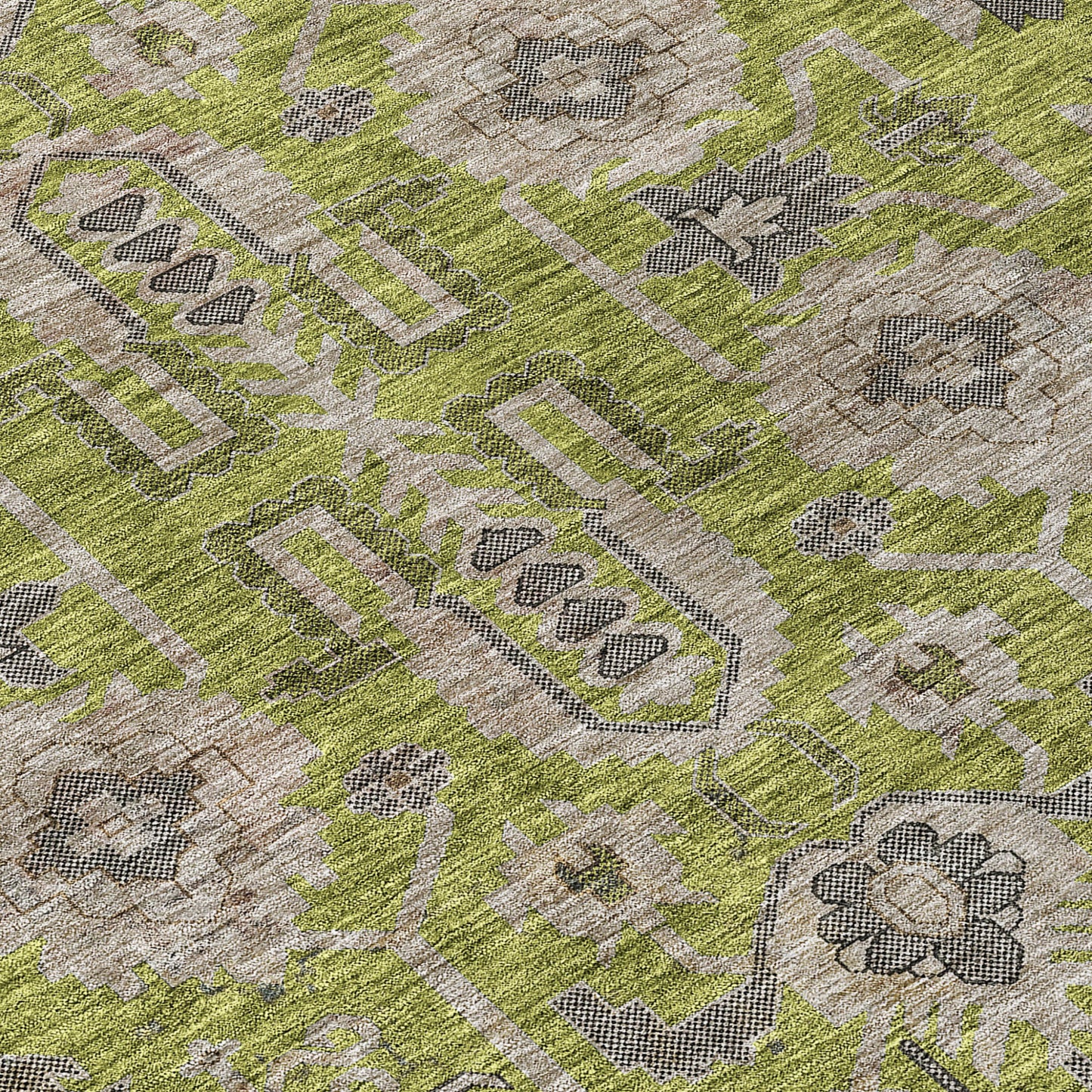 10' X 14' Olive Green Gray And Charcoal Oriental Washable Indoor Outdoor Area Rug