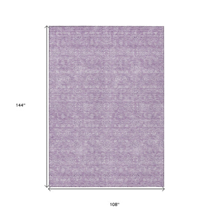 9' X 12' Lavender Lilac And Ivory Floral Washable Indoor Outdoor Area Rug