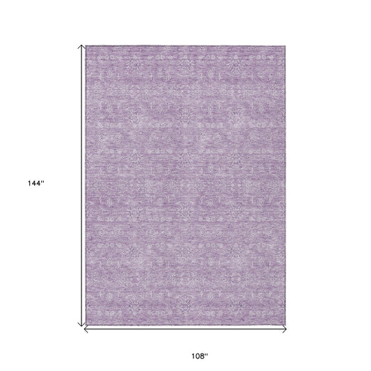 9' X 12' Lavender Lilac And Ivory Floral Washable Indoor Outdoor Area Rug