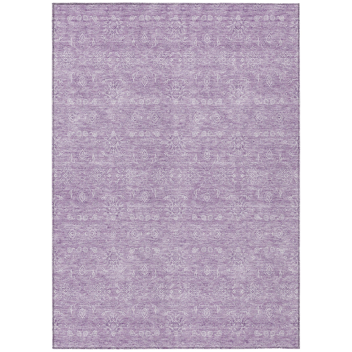 9' X 12' Lavender Lilac And Ivory Floral Washable Indoor Outdoor Area Rug