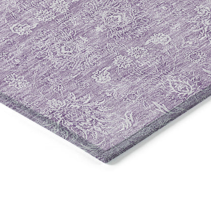 9' X 12' Lavender Lilac And Ivory Floral Washable Indoor Outdoor Area Rug